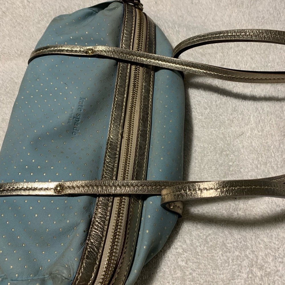 Kate Spade Purse, small, light blue suede type fabric w/ metallic dots and trim - Picture 6 of 6